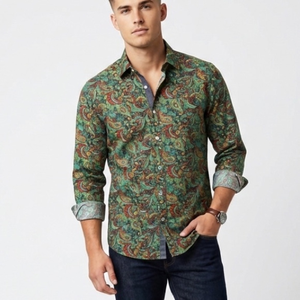 Cremieux XLT Paisley Long Sleeve Button Down Shirt Green Rust Boho Retro Ornate